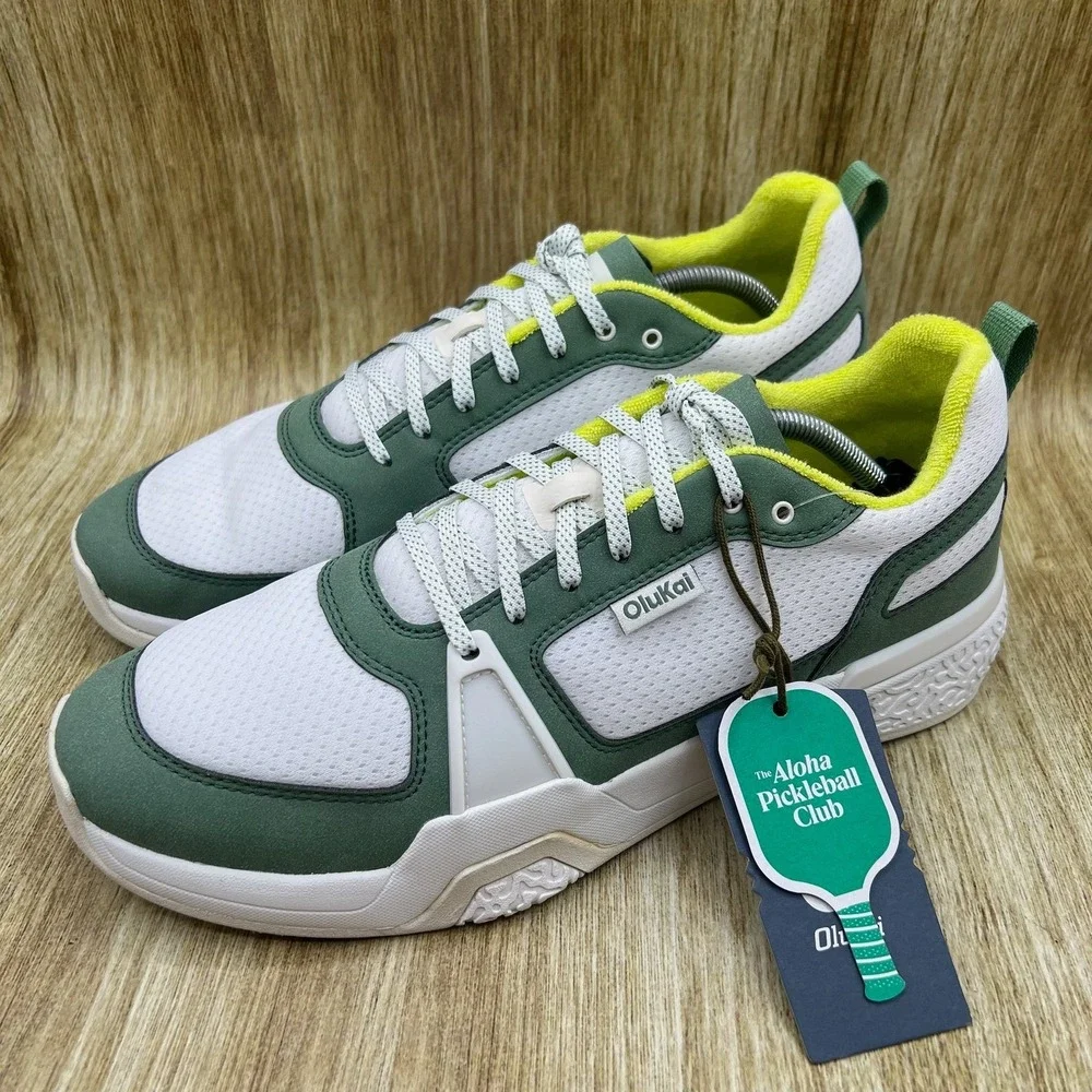 OluKai Anau Pickleball Shoes Men's Size 8.5 Bright White Leaf Green Sneakers